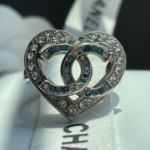 Chanel A16 Heart Ring | Ombre Blue Strass Crystals, CC, Rare Silver Statement, 6